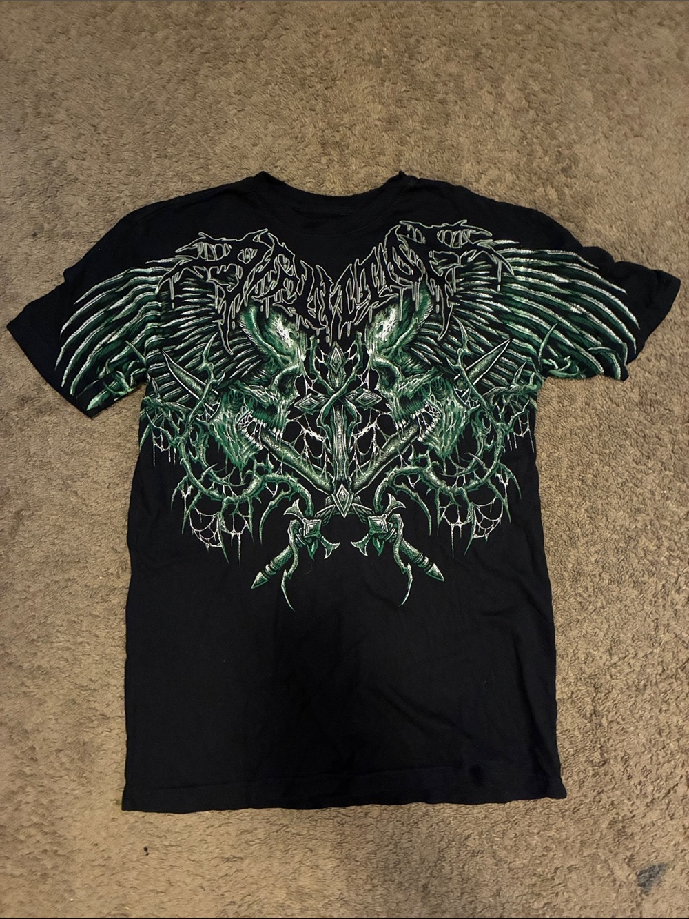 Affliction Black T-Shirt with Green Skull & Wing Graphic